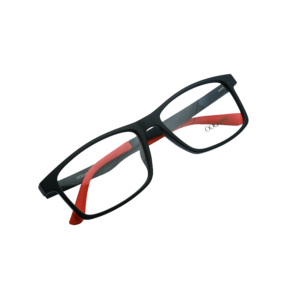 Black Square Eyeglasses with Red Tips by Oogappel Front View